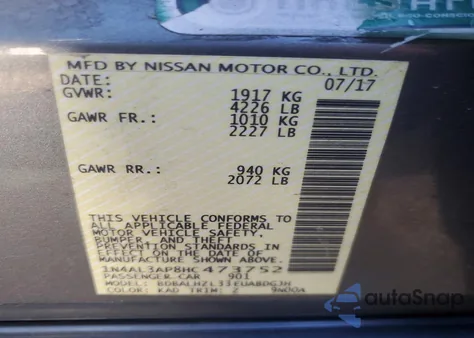 2017 Nissan Altima 2.5 Sr z USA, uszkodzony, nr VIN 1N4AL3AP8HC473752